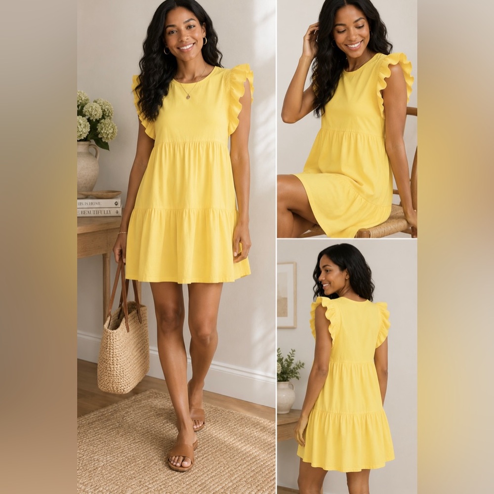 English Factory Yellow Ruffle Sleeve Tiered Mini Dress Size S